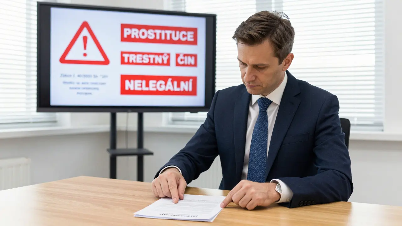 Úředník ministry zdravotnictví ukazuje na právní dokument s varováním o trestném činu.