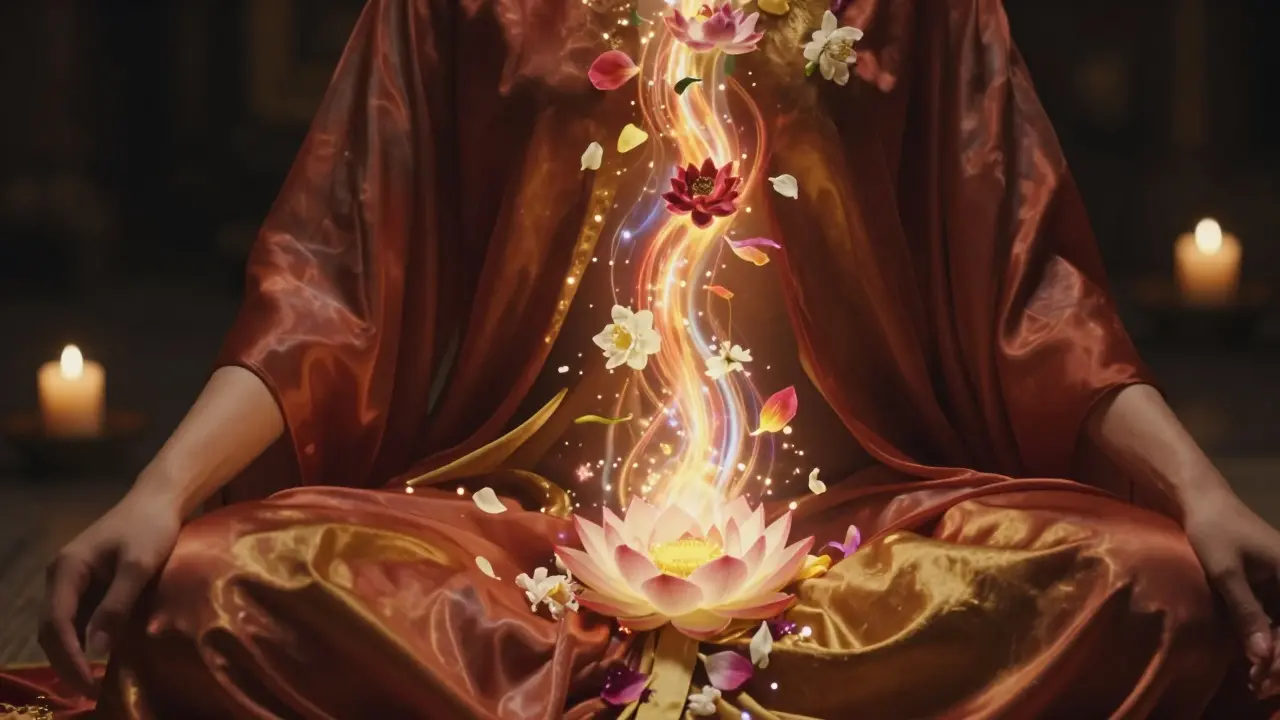 Abstraktní zobrazení uvolnění energie a emocí z pánevní oblasti pomocí světla a květin.