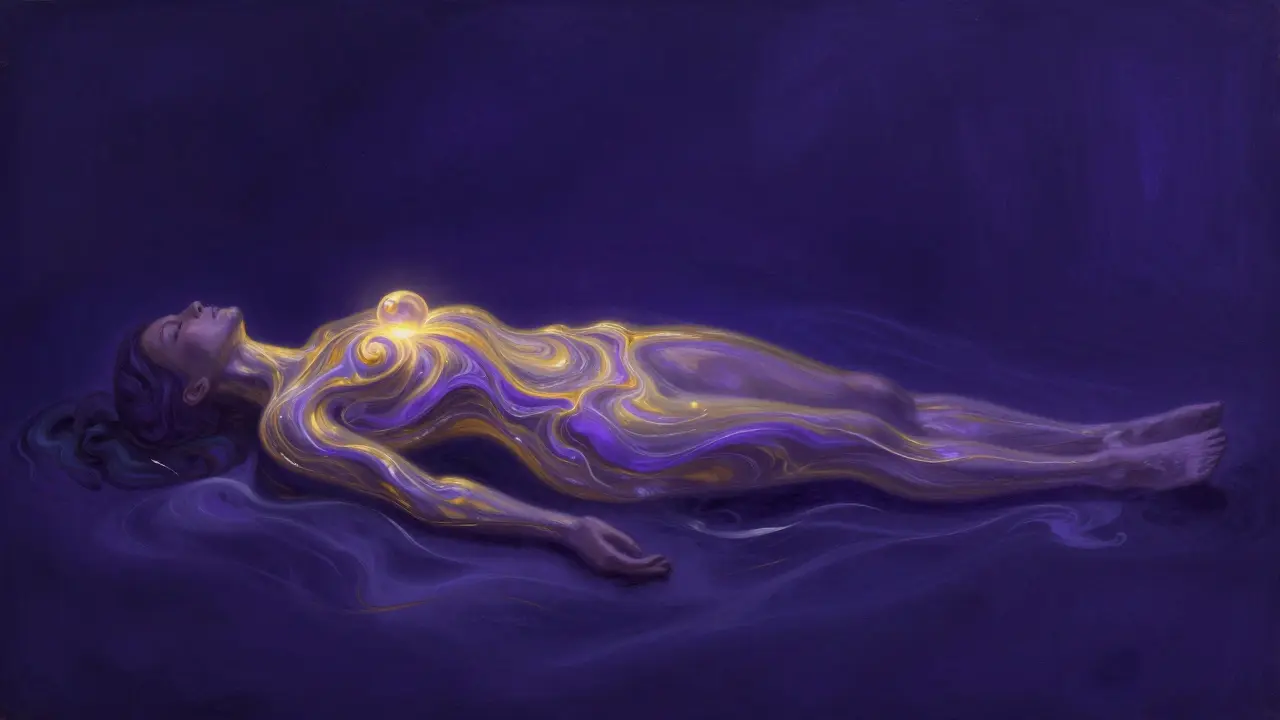 Abstraktní zobrazení zlatých energetických toků proudících lidským tělem.