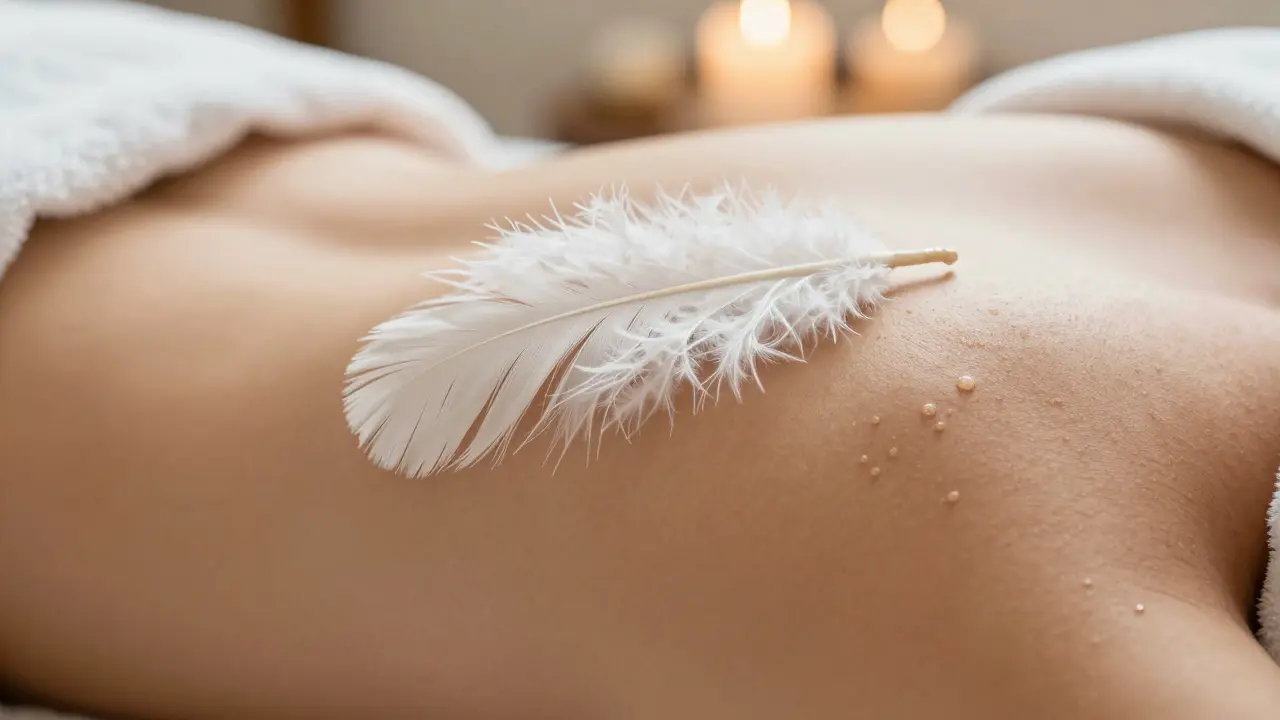 Detail jemného doteku bílého peřka na lidské pokožce v měkkém světle.