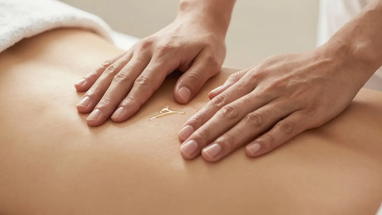 Detail jemného, vědomého doteku ruky na zádech s masážním olejem, symbolizující důvěru.