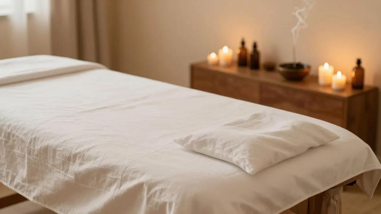 Interiér profesionálního tantrického studia s masážním stolem a svíčemi.