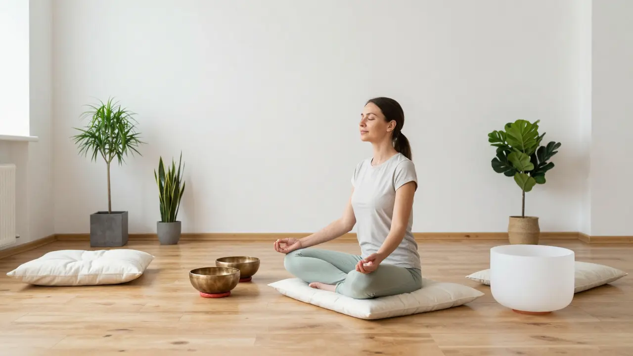 Klidný interiér terapeutického studia s ženou v hlubokém relaxu a vnitřním klidu.