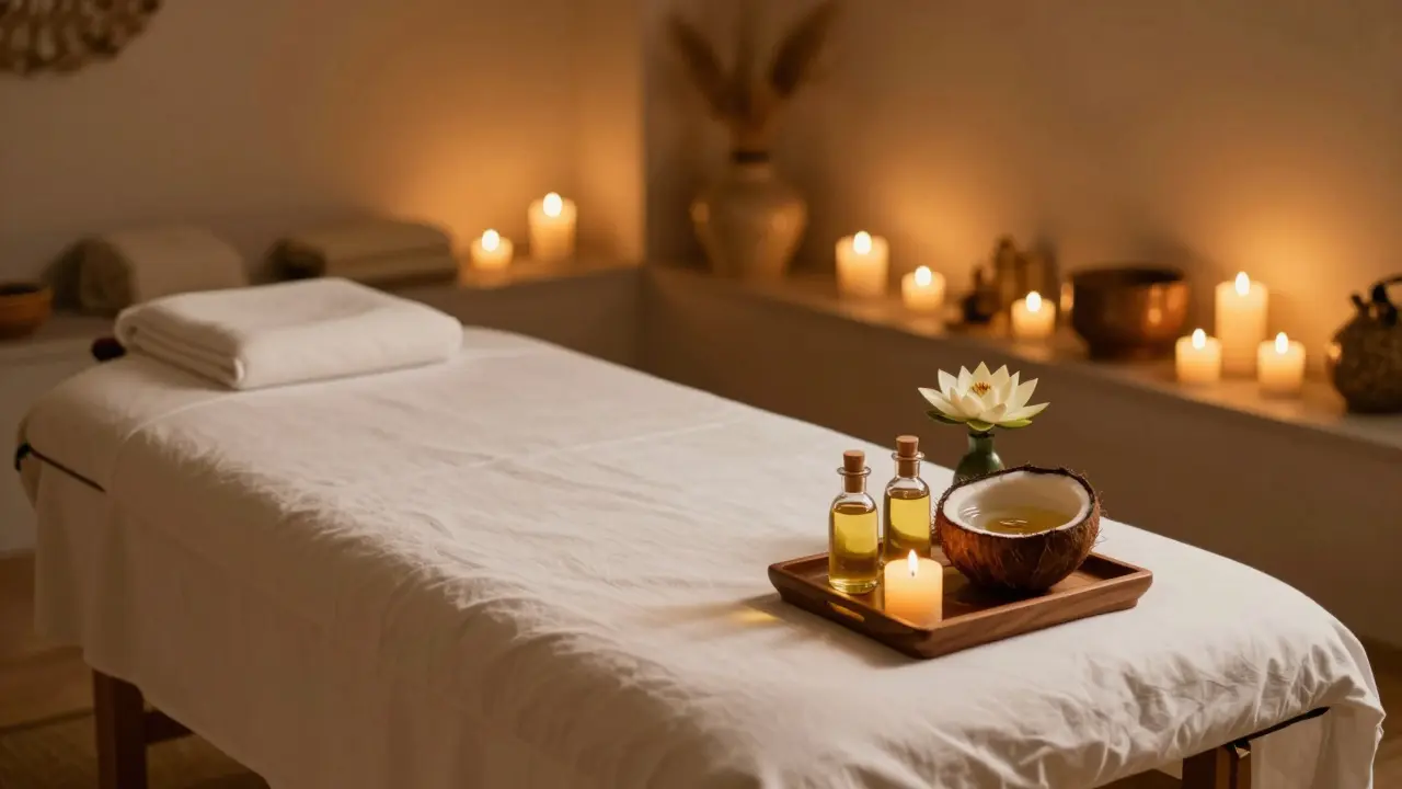Klidný prostor pro tantrickou masáž s dopalujícími svíčkami a oleji.
