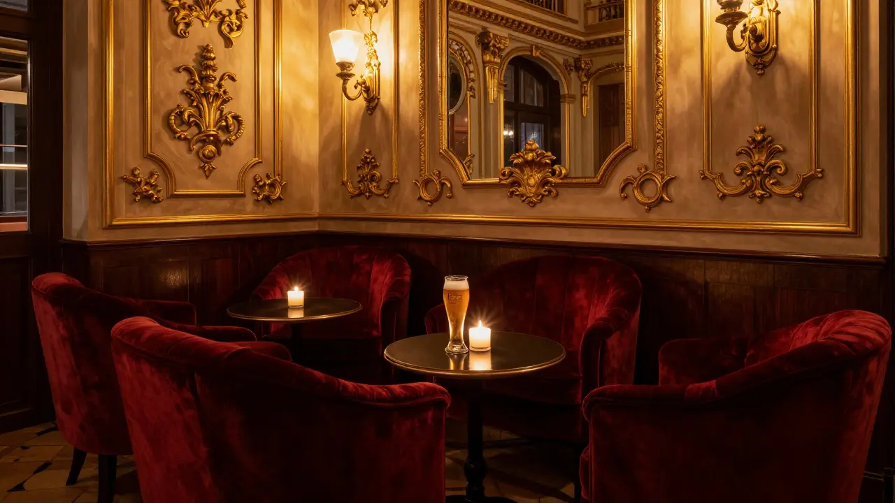 Luxusní interiér v stylu Art Nouveau s pivem a svíčkou.
