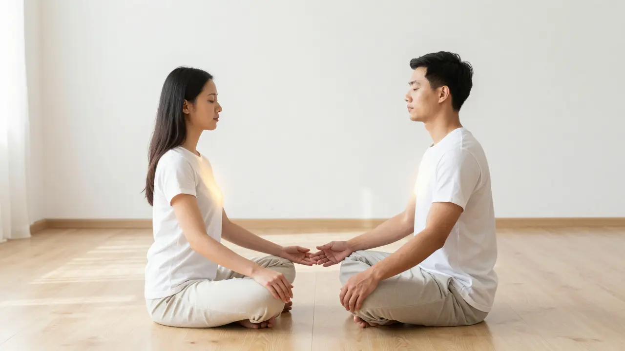 Pár sedící naproti sobě v meditaci a držící se za ruce pro synchronizaci dechu.