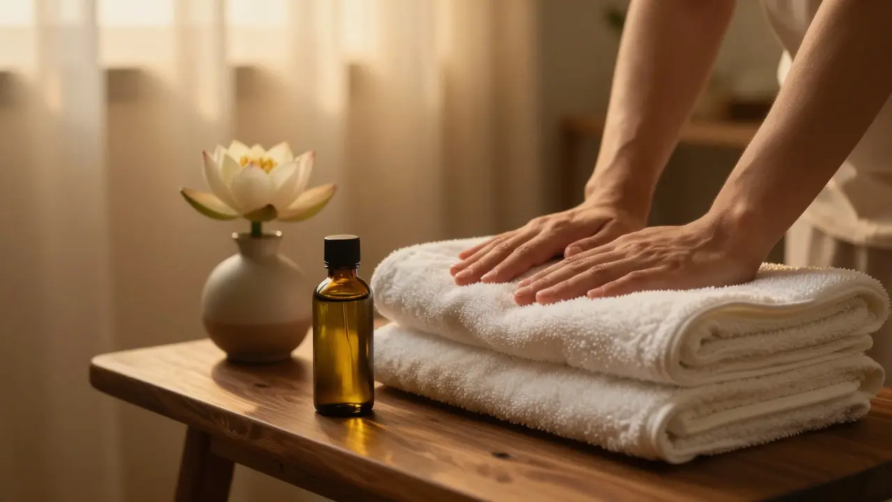 Příprava na domácí masáž s avokádovým olejem a ručníky v teplém světle.