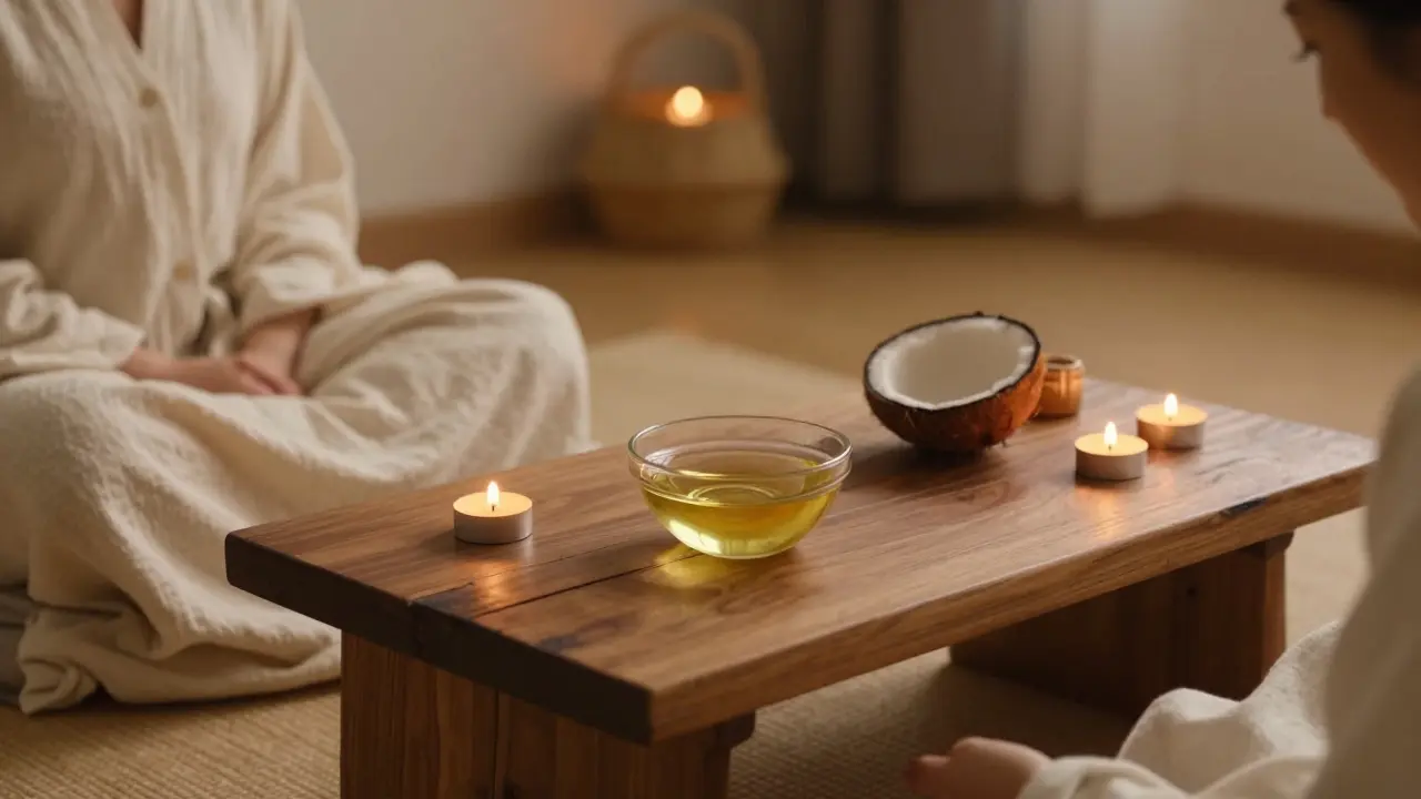 Připravený prostor pro tantrickou masáž s olejem, svíčkami a měkkými textiliemi.