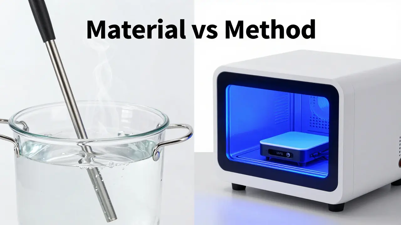 Proces sterilizace skleněné pomůcky v horké vodě a elektronické pomůcky v UV-C boxu.