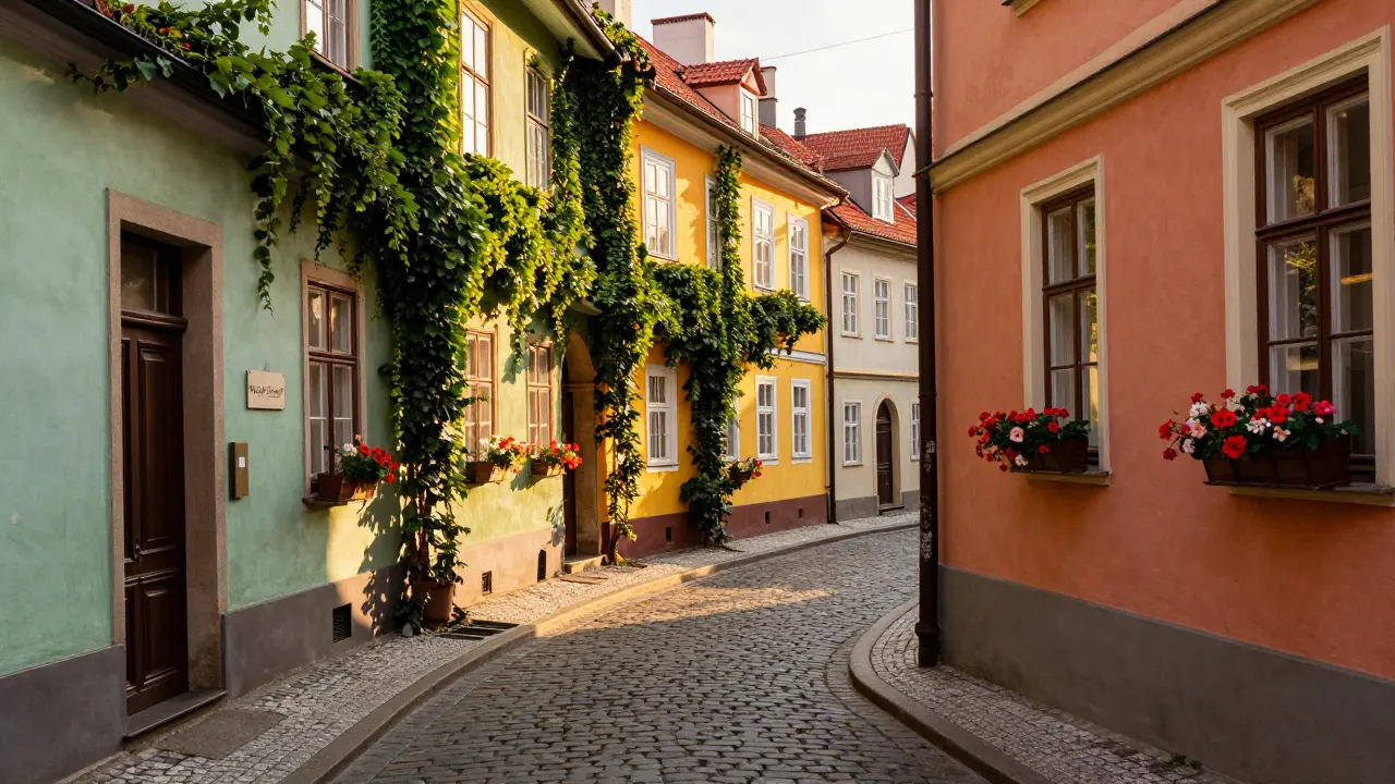 Romantická úzká ulička v oblasti Nový Svět u Pražského hradu.