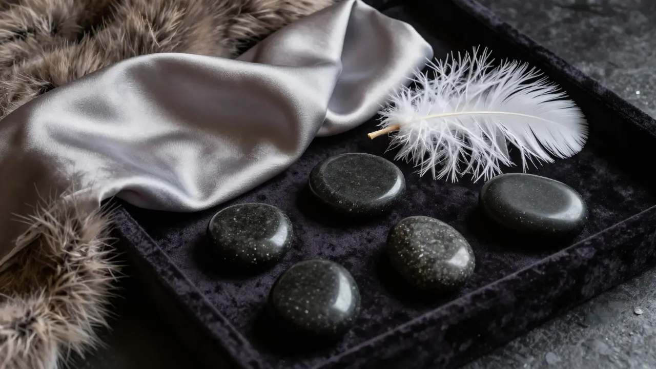 Sada masážních pomůcek včetně peříček, kožešiny, hedvábí a horkých kamenů na sametovém podloží.