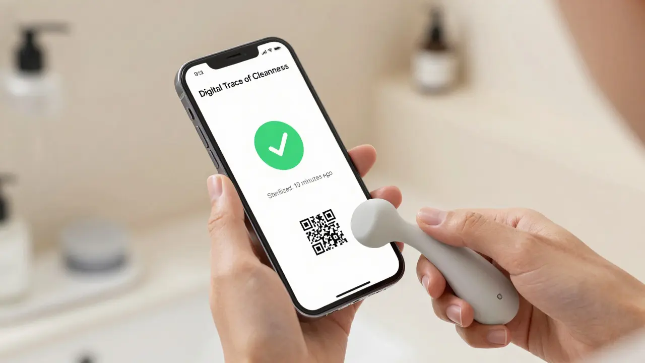 Skenování QR kódu na pomůcce pomocí chytrého telefonu pro kontrolu historie dezinfekce.