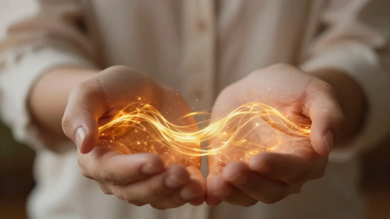 Světlé energetické vlny v dlaních symbolizující tok životní energie.
