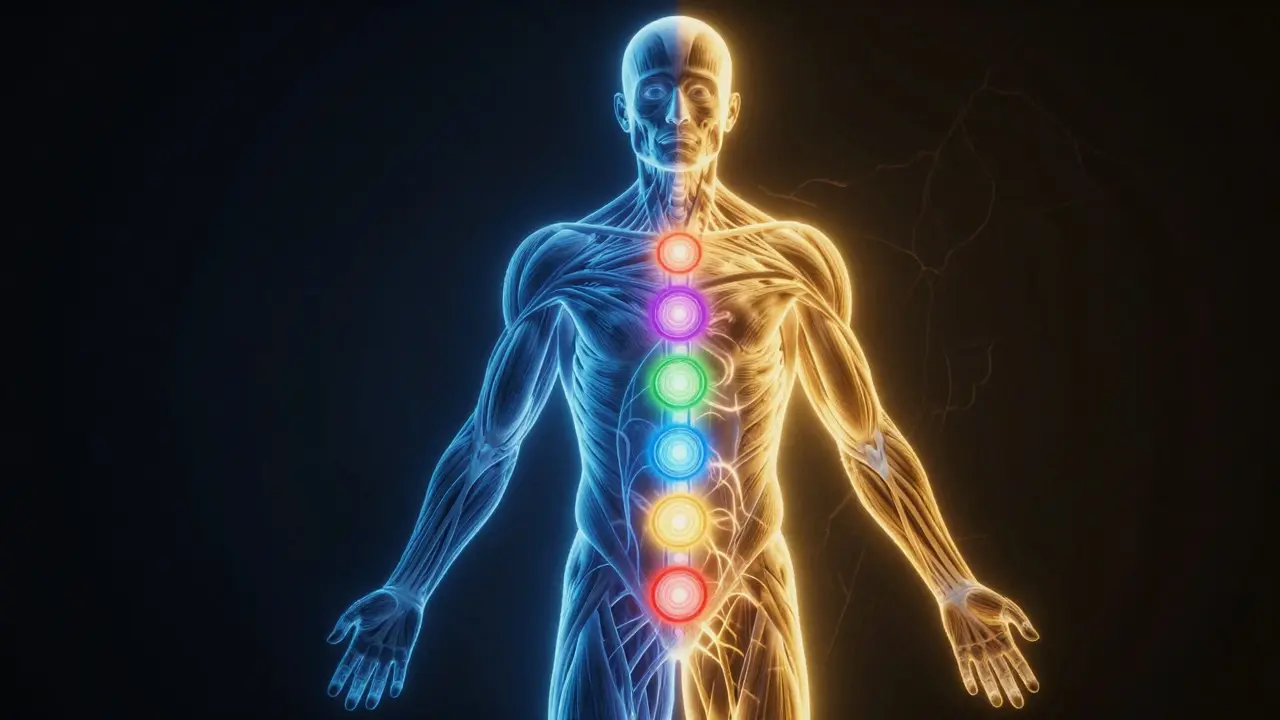 Umělecké znázornení lidského těla jako kombinace svalového systému a energetických center.