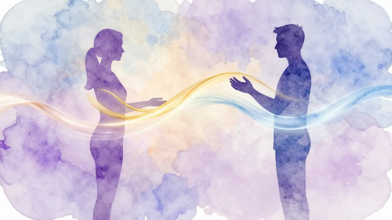 Abstraktní ilustrace energetického spojení mezi terapeutem a klientem.