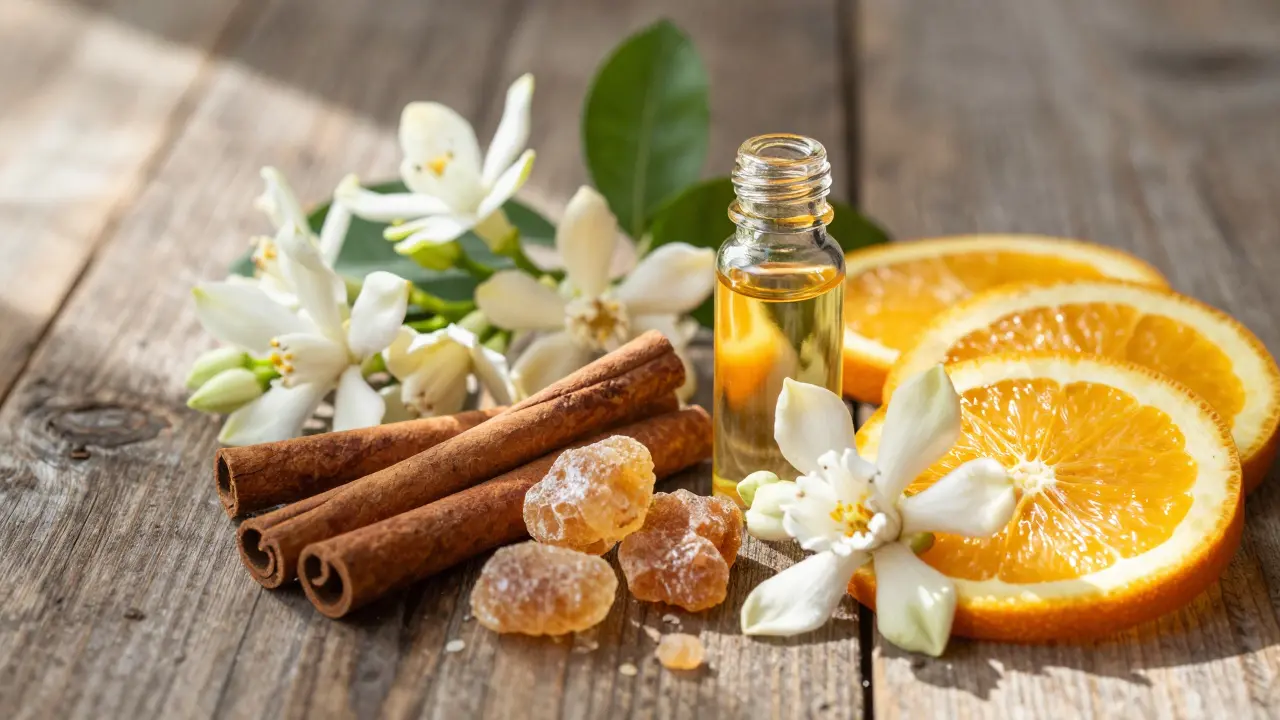 Botanické ingredience jako ylang-ylang a skořice na dřevě