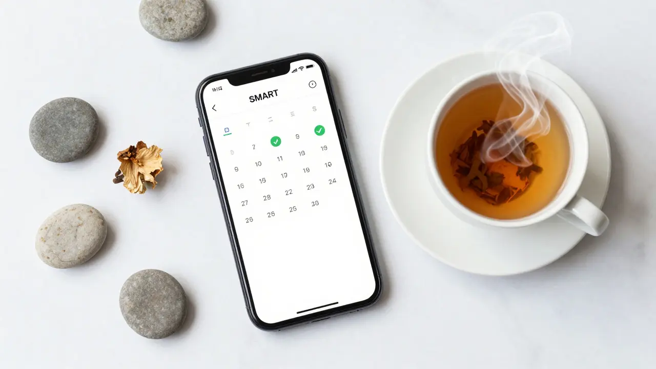 Pohled shora na telefon s kalendářem, čaj a kamenné prvky