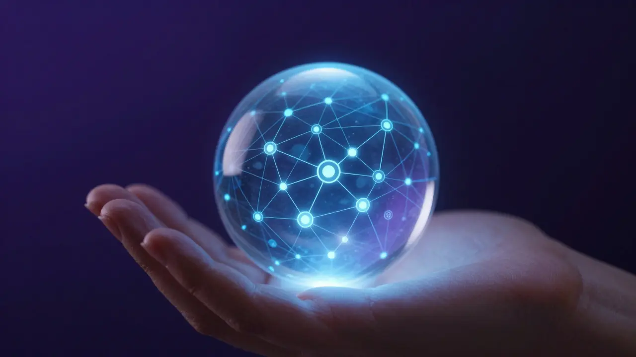 Ruka drží zářící krystal s digitálními spojeními uvnitř