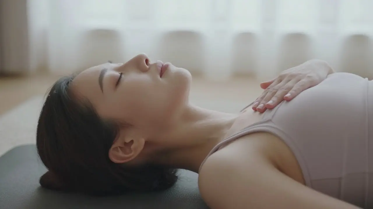 Člověk v meditaci s rukou na srdci v klidném prostředí