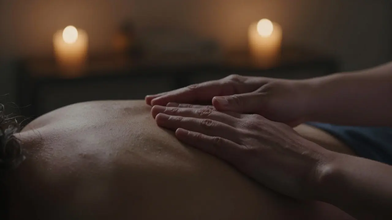 Detail rukou terapeuta při jemné masáži v klidném prostředí