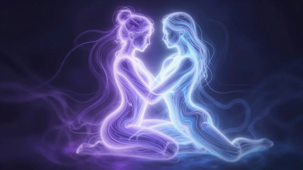 Abstraktní ilustrace propojení energetických polí dvou postav pomocí světelných linií
