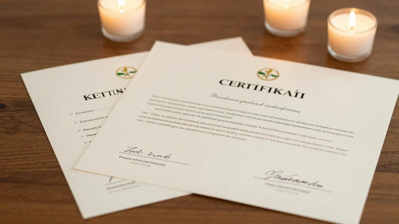 Profesionální certifikát o školení v tantrické masáži na stole, zdůrazňující důležitost kvalifikovaného terapeuta.