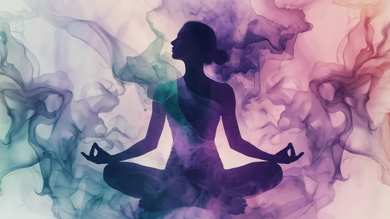 Abstraktní umělecká ilustrace ženy v meditaci s proudícími barvami