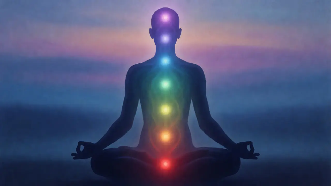 Silueta meditační figury se sedmi svítícími energetickými centry podél páteře