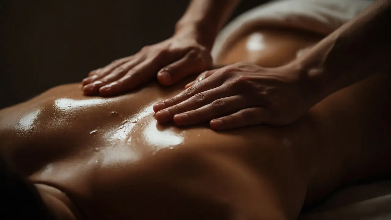 Detail pomalé masáže zad s olejem, zdůrazňující relaxaci a tok energie.