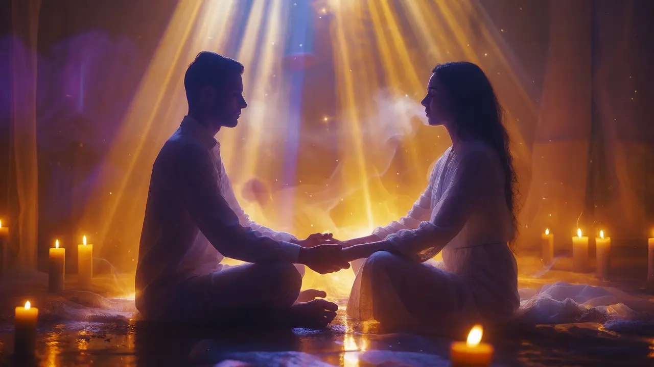 Dvě postavy v meditativním spojení osvětlené svíčkami